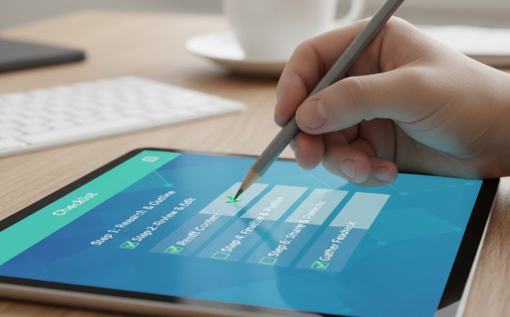 Uma mão marcando um checklist digital com um lápis, simbolizando o passo a passo da documentação de processos