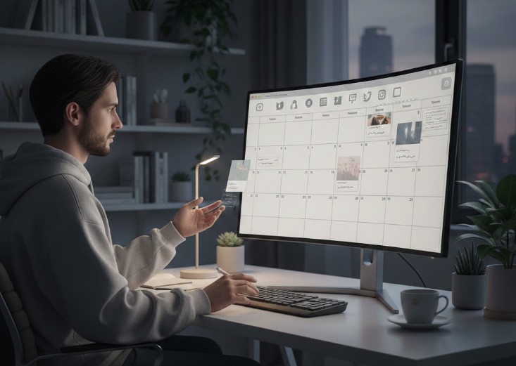 Uma pessoa organizando fotos e textos em um calendário digital, simbolizando o agendamento de posts e a organização de conteúdo.