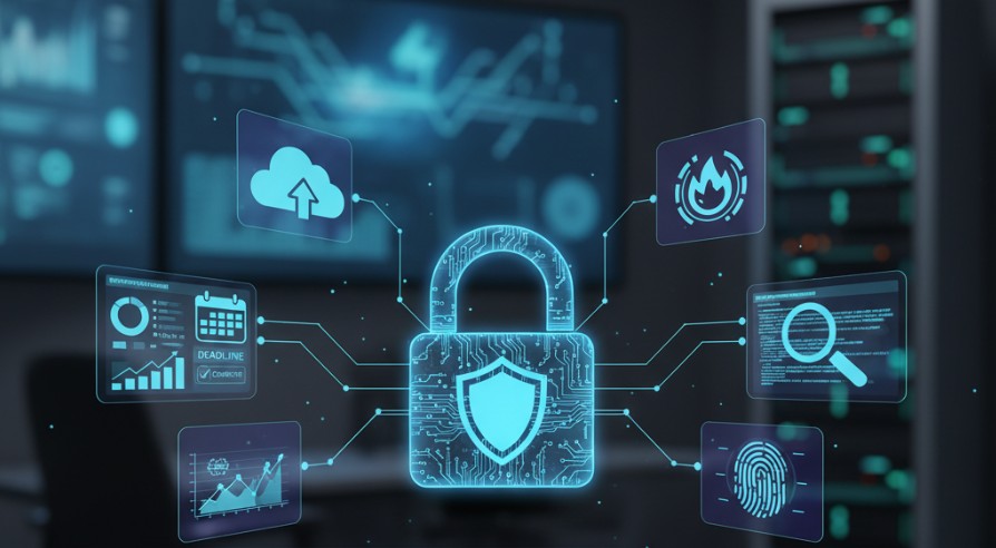 Símbolo de cadeado digital cercado por ferramentas de produtividade e segurança