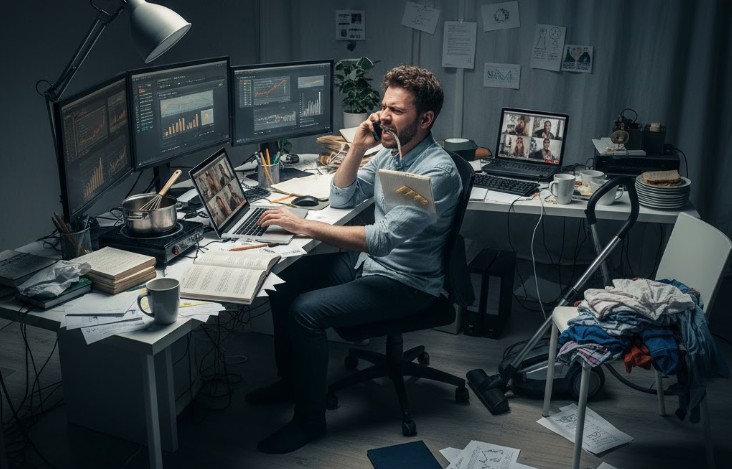 Pessoa sobrecarregada tentando realizar várias tarefas ao mesmo tempo em um ambiente caótico