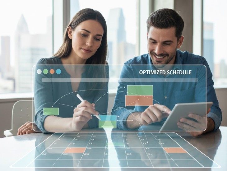 Duas pessoas organizando agendas em um calendário digital, simbolizando o agendamento eficiente