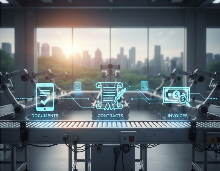 Uma esteira de produção organizada com ícones de documentos, contratos e faturas, simbolizando o fluxo do pós-venda