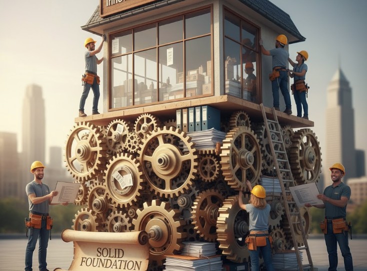 Um pequeno negócio sendo construído sobre uma fundação sólida de engrenagens e documentos organizados